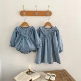 Girls Denim Baby Dresses Triangular Romper Long Sleeve Lace Sisters Outfit