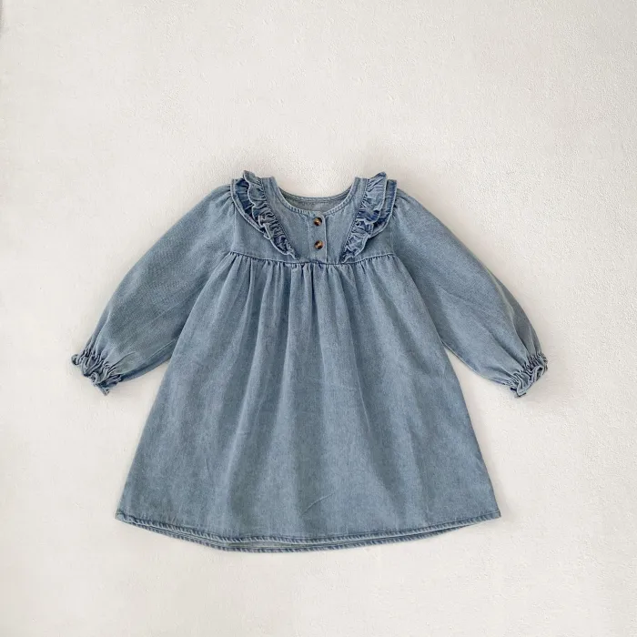 Girls Denim Baby Dresses Triangular Romper Long Sleeve Lace Sisters Outfit