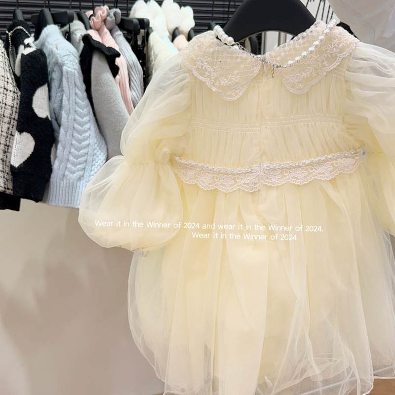 Girls Baby Dresses Puff Long Sleeve Pearl Mesh Baby Princess Dress
