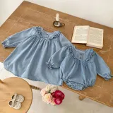 Girls Denim Baby Dresses Triangular Romper Long Sleeve Lace Sisters Outfit