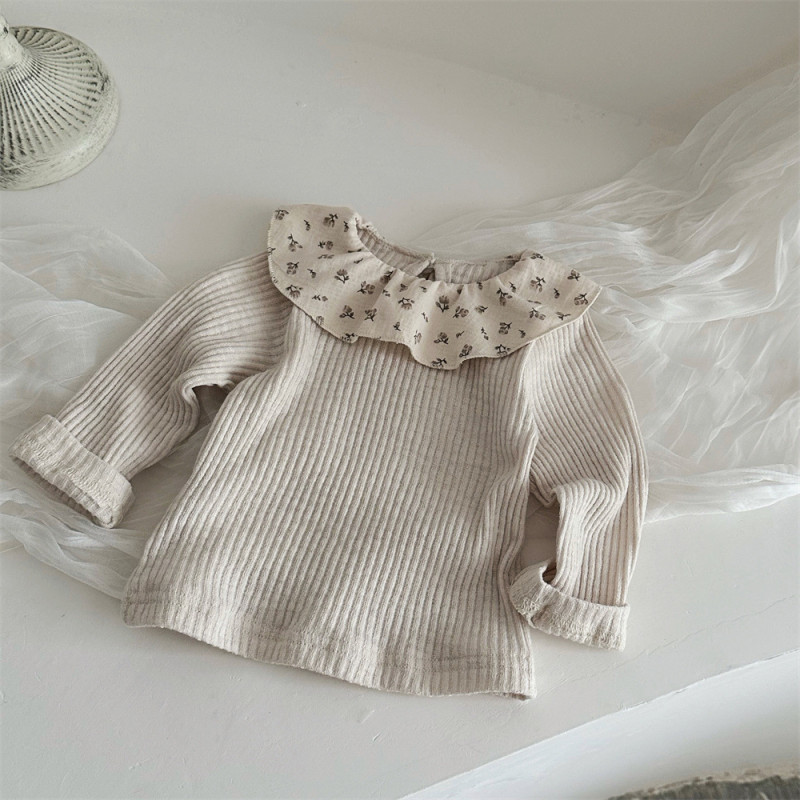 Sunken Stripe Floral Lotus collar long-sleeved shirt baby girl princess inner shirt