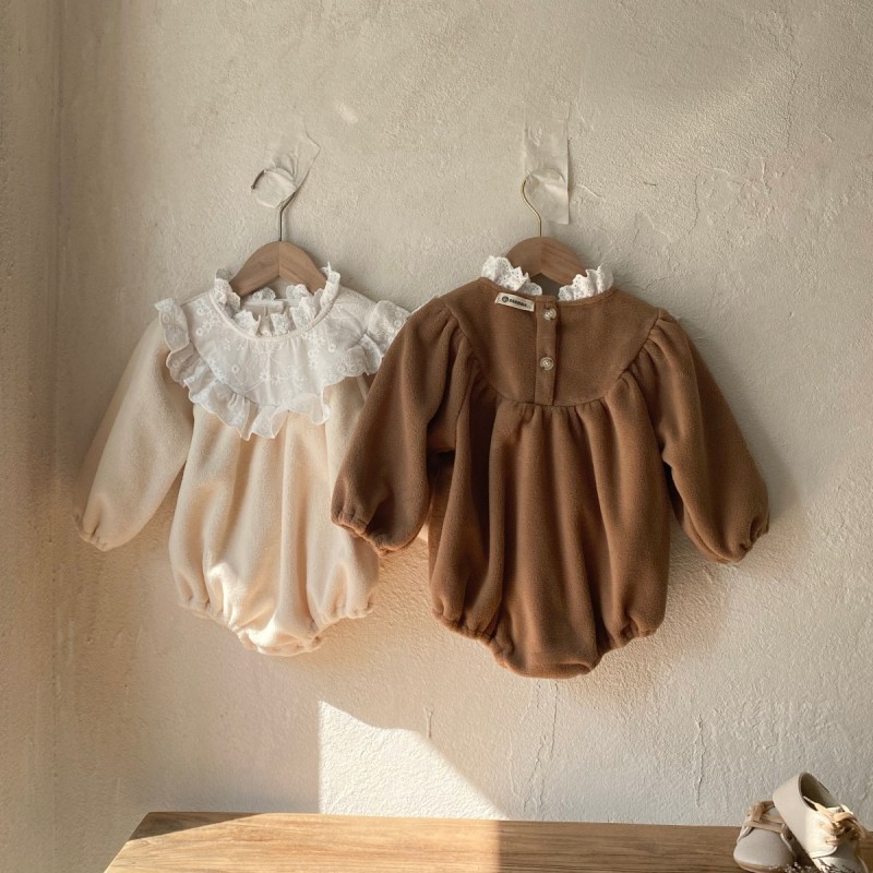 Large lace stand-up collar baby romper double-sided velvet coveralls baby jumpsuit