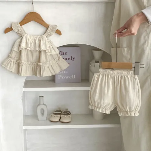 Girl infant clothes sweet little flying sleeve halter top shorts 2-piece suit