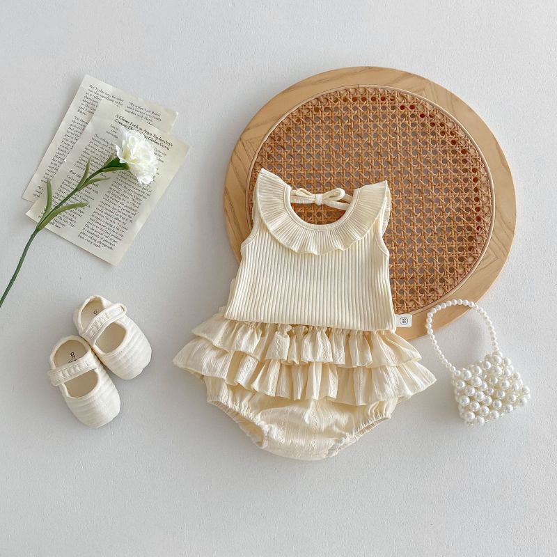 Summer backless sleeveless ruffle collar top princess double layer baby suit