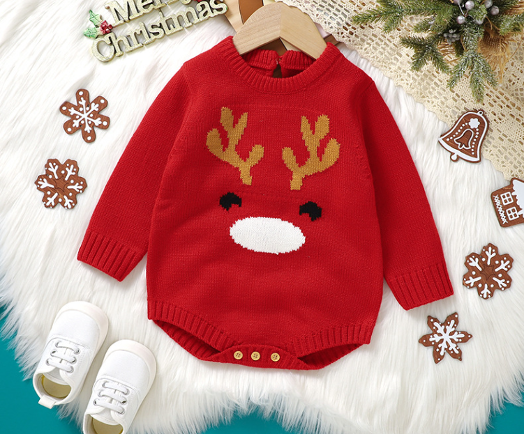 Baby romper knitted cute Christmas little elk jacquard knitted jumpsuit