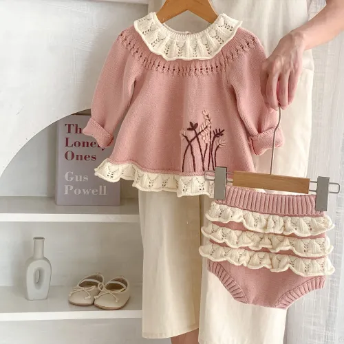Baby girls ruffle collar knitted sweater long top + ruffled knitted sweet baby suit