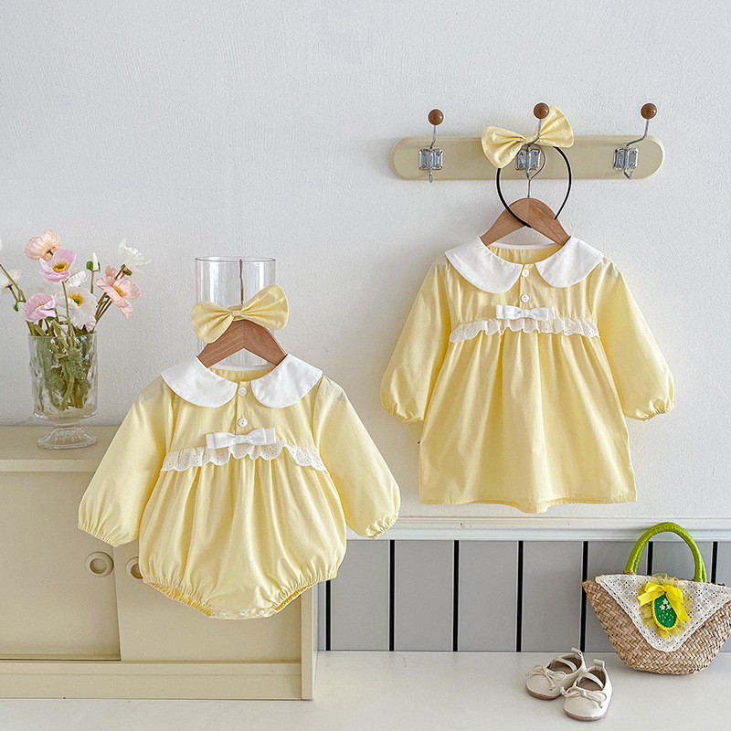 Girls sweet long sleeve dress onesie autumn sisters outfit