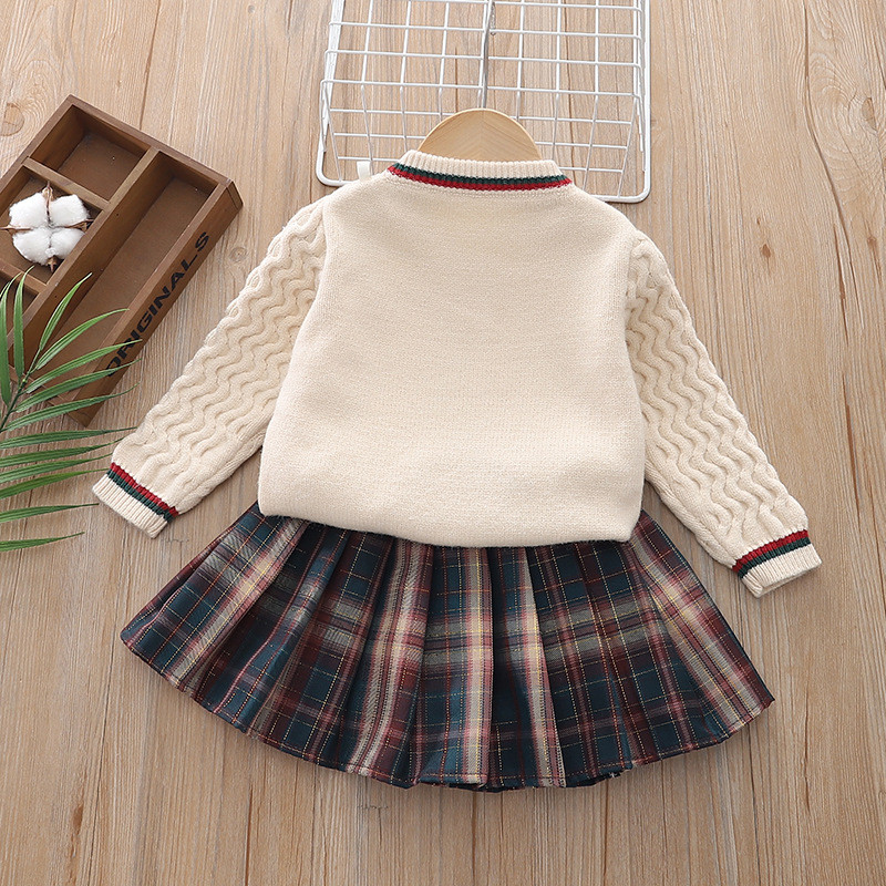 Girls' Suit Kids Knitted Two Piece Sweater Cardigan Top Skirt
