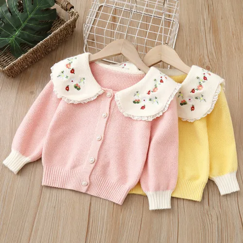 Girl's cardigan sweater polo collar embroidered baby tops