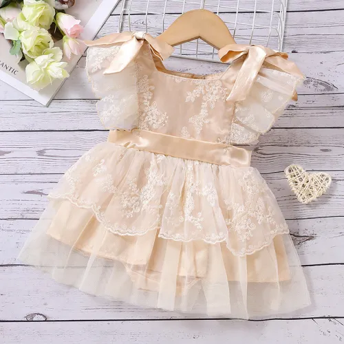 Girl flounced sleeve tulle skirt baby retro princess romper