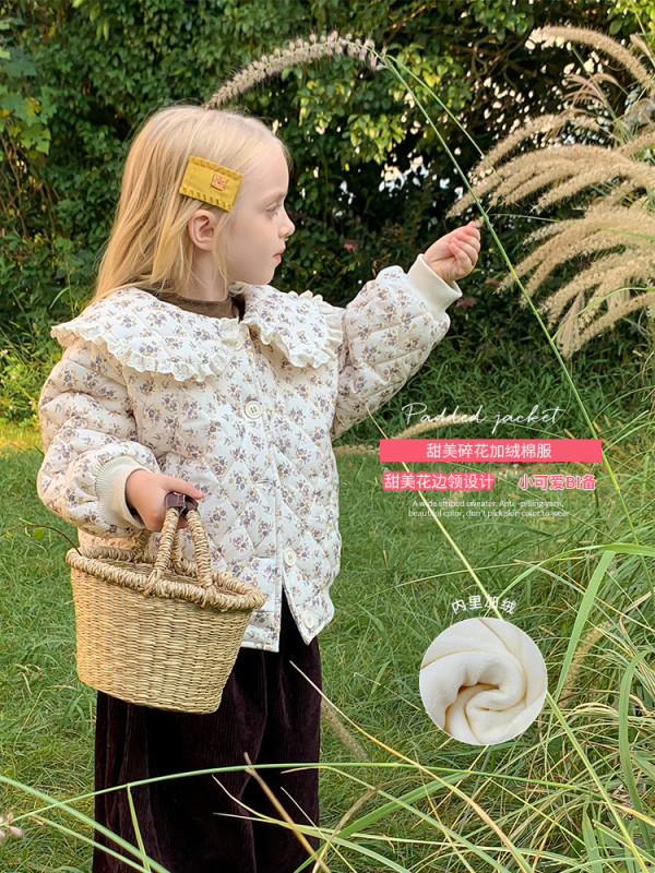 Children's clothing girls' velvet winter baby warm coat floral cotton-padded coat