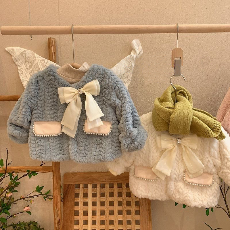 Girls' Baby Coat Plush Kids Clothing Warm Lamb's Velvet Coat With Bow