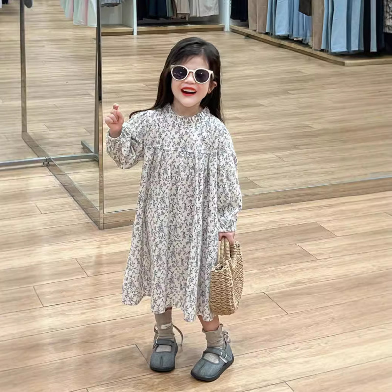 Girls dress girls' little stand collar floral swing long sleeve princess dress