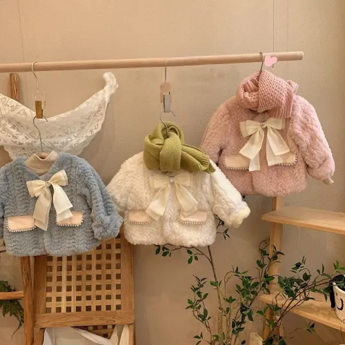 Girls' Baby Coat Plush Kids Clothing Warm Lamb's Velvet Coat With Bow