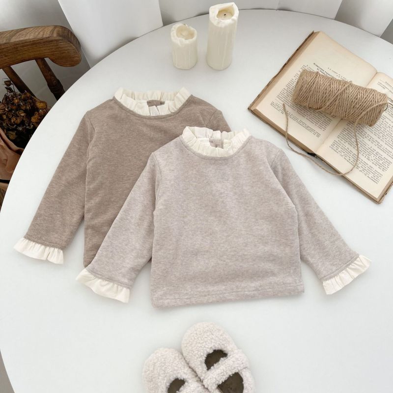 Fleece-lined infant lace collar long sleeve twist point bottoming shirt