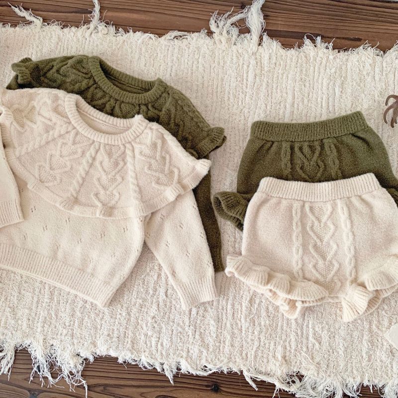 Baby twist round neck sweater roll plush shawl ruffle top shorts 2 piece suit