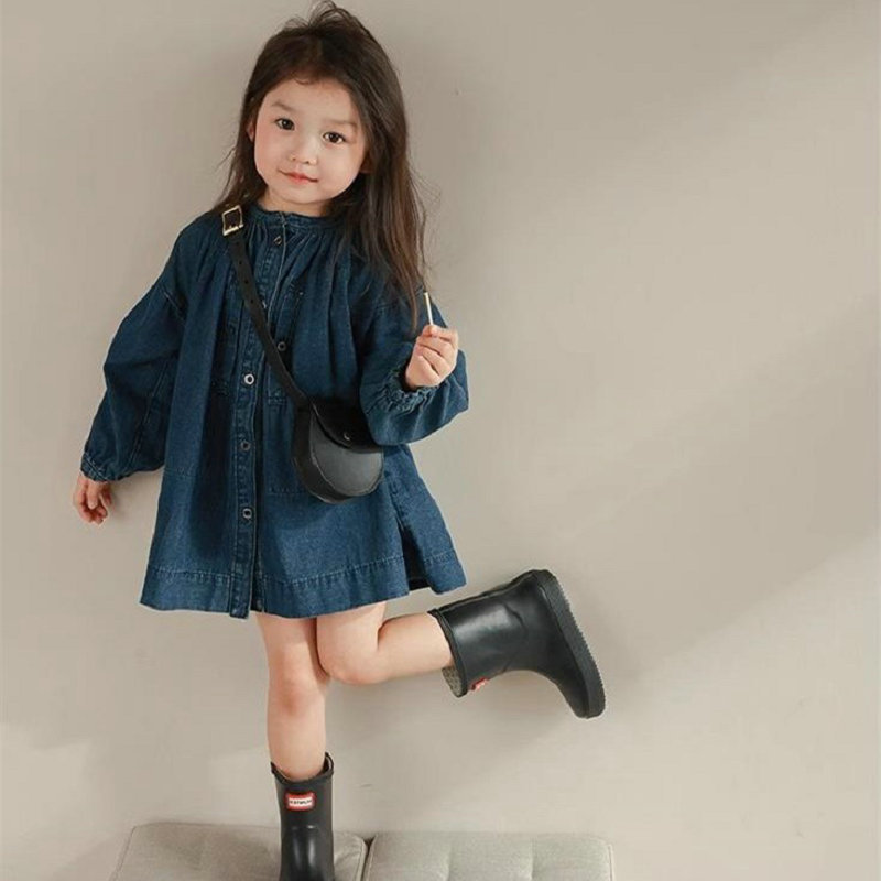 Girls baby dresses stand collar single breasted washed denim princess dress