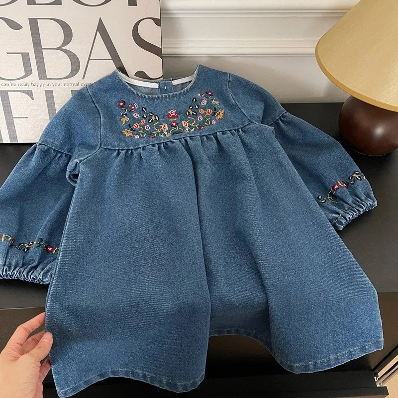 Eembroidered denim skirt wholesale girls dress