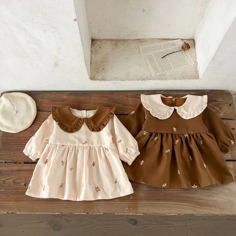 Girl cotton embroidery contrasting lapel sweet baby princess dress