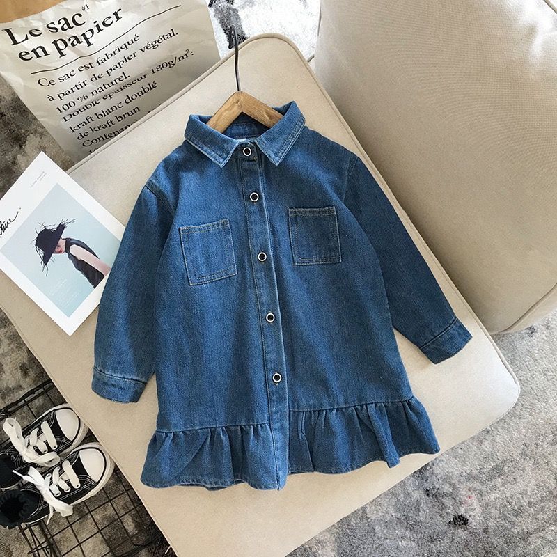 Girls denim baby dresses long-sleeved little girl's skirt lotus leaf princess dress