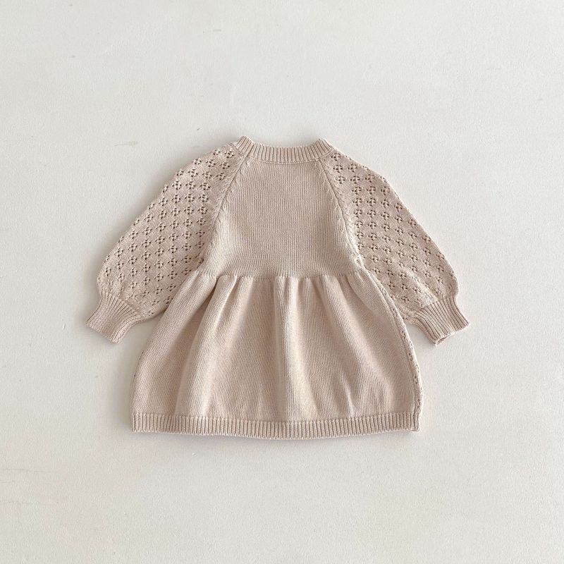 Girls sweater dresses cotton retro style hollow puff sleeve knitted