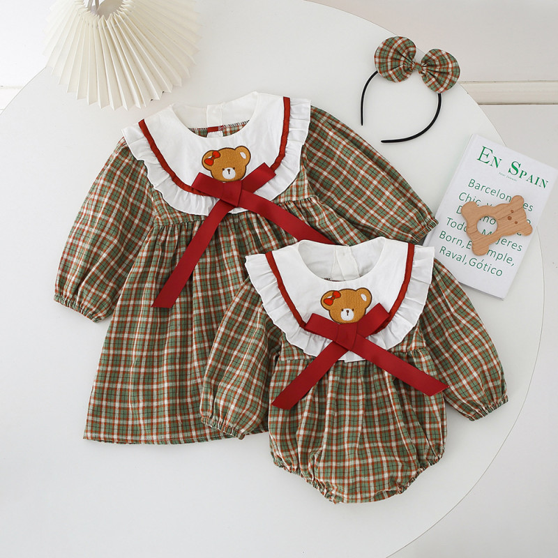 Girl bear plaid Sister Clothes Dress Girl Long Sleeve romper dress