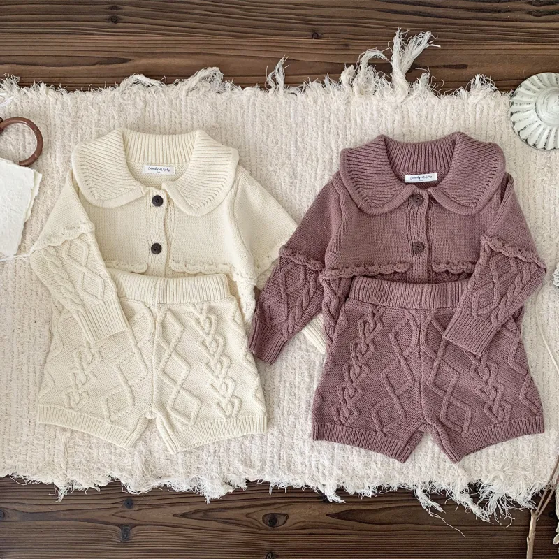 Twist baby suit ingot collar hand hook retro top shorts 2-piece set