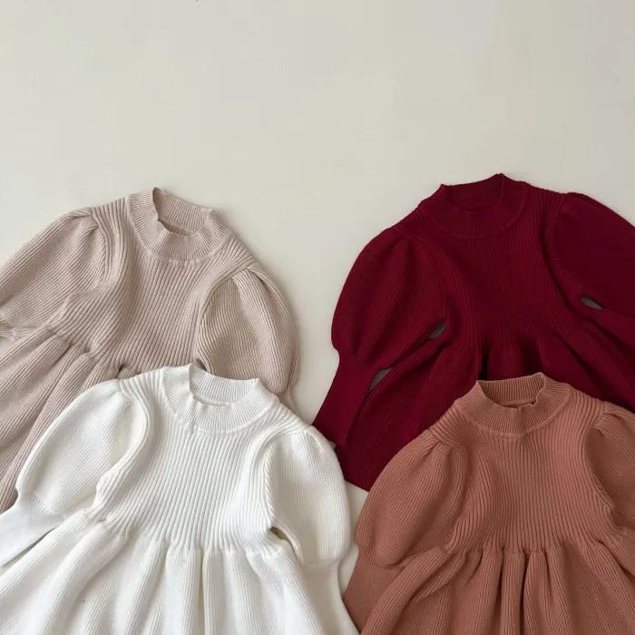 Sweet dress warm long sleeve dresses toddler girls pullover knitted dress