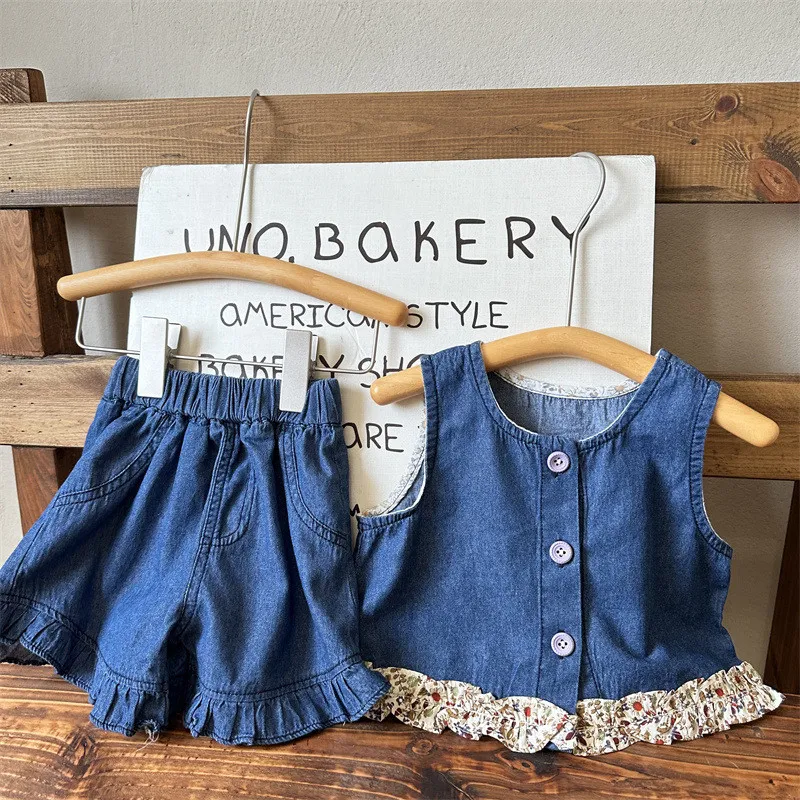 Girl clothing set floral splicing sleeveless thin denim girls suit two-piece suit
