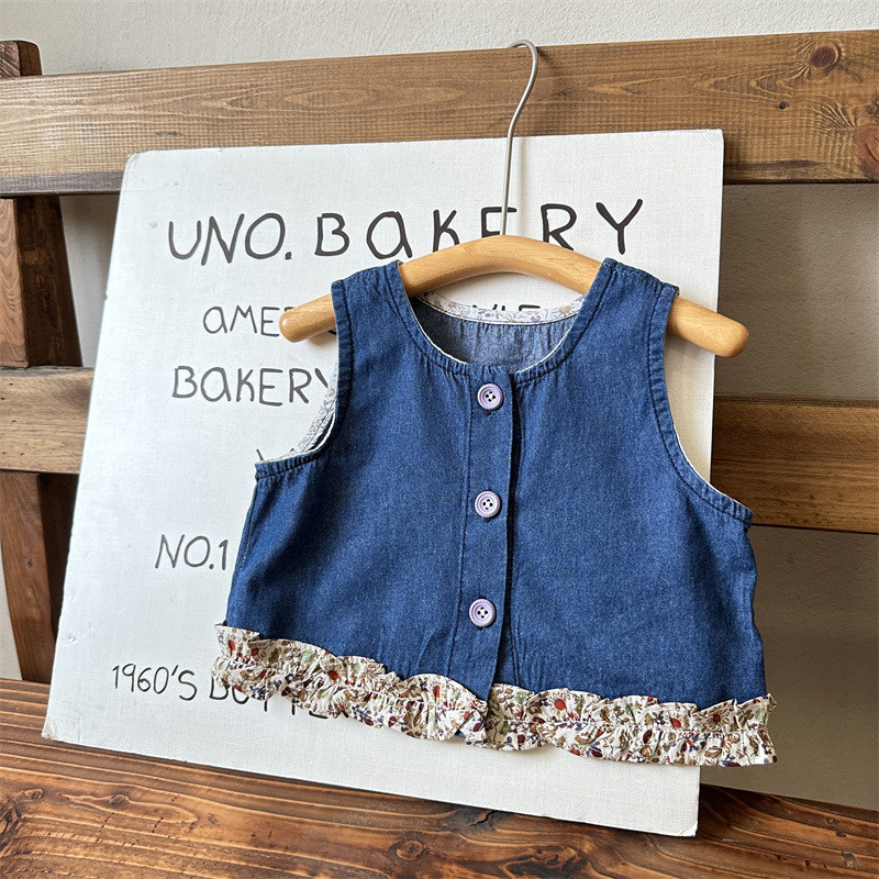 Girl clothing set floral splicing sleeveless thin denim girls suit two-piece suit