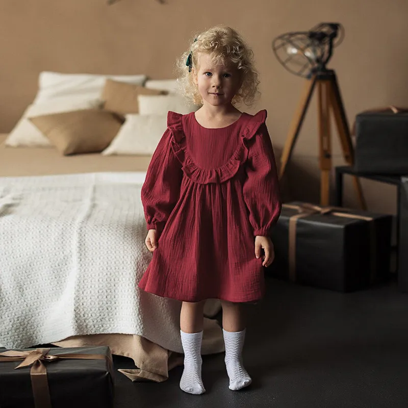 Baby dresses round neck lace pleated waist long-sleeved princess dress