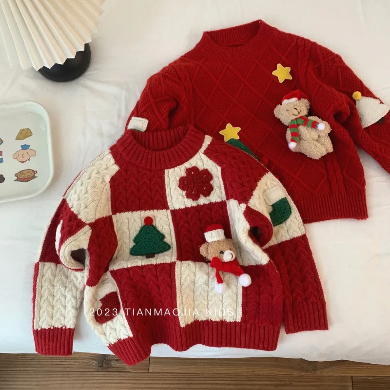 Girls Sweater Knitted Round Neck Christmas Striped Bear Top