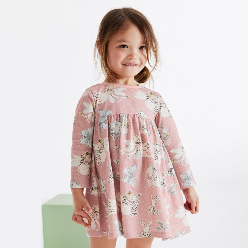 Girls' dresses printed casual round neck long-sleeved skirts