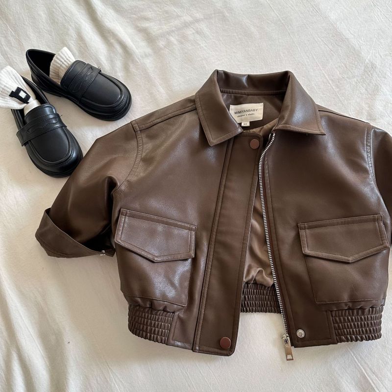 Solid color lapel leather fashion baby boy jackets coat