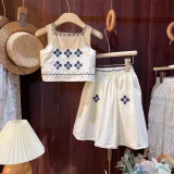 Girls clothing set artistic embroidered vest skirt two-piece suit