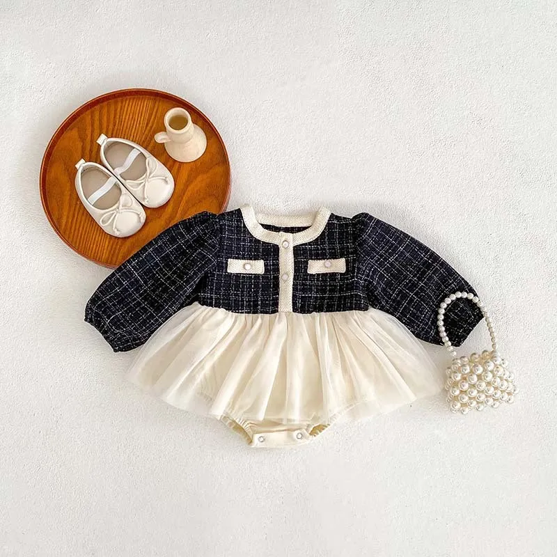Girls Splicing Mesh One-piece Long Sleeve Baby Jumpsuit