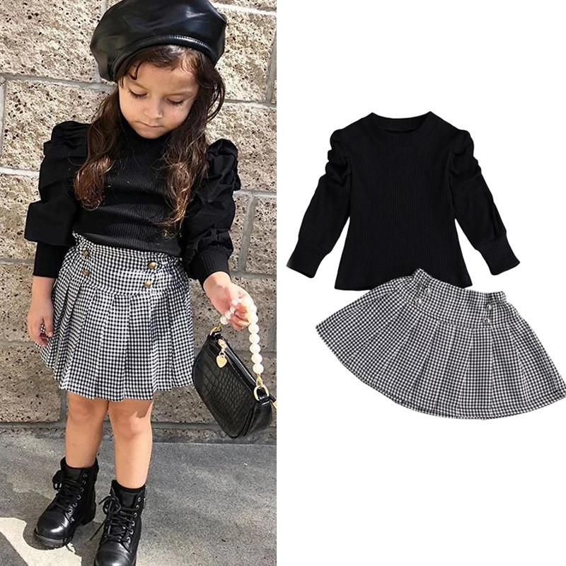 Children's clothing Spring girls' sunken stripe top + skirt suit