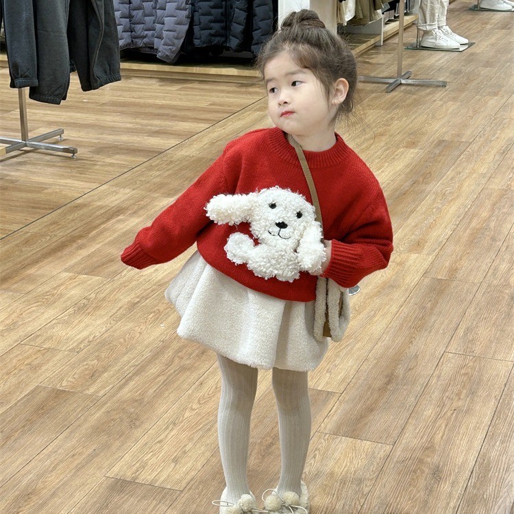 Baby Sweater Girls Plush Puppy Red Warm Sweet Baby Tops