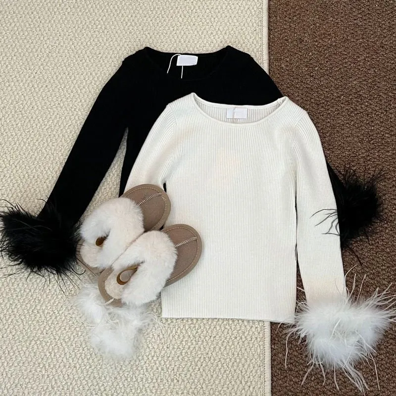 Children's tassel furry sleeves solid color bottoming shirt