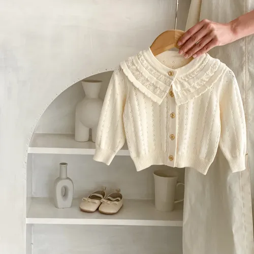 Solid color cardigan air conditioned rooms long sleeve ruffled collar hollow knitted sweater