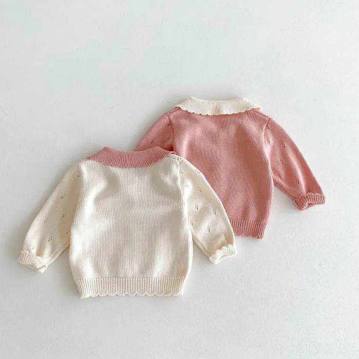 Girl jacquard hollow lapel sweaters cotton yarn long sleeve cardigan
