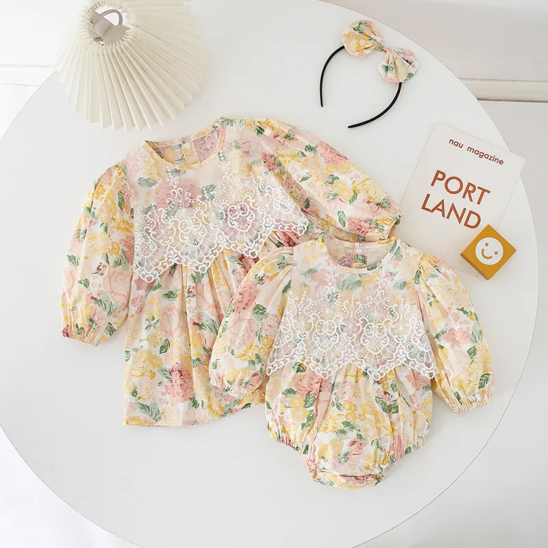 Long-sleeved romper baby girls' lace dress sisters autumn dress