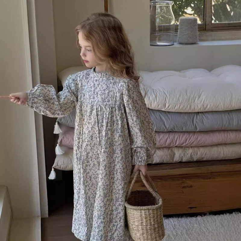 Girls brushed dresses long-sleeved French floral baby princess dress
