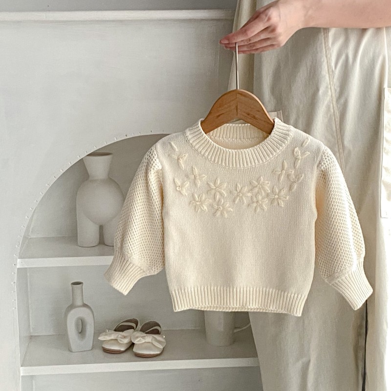 Girl baby handmade embroidery crew neck pullover sweater knitted cotton top