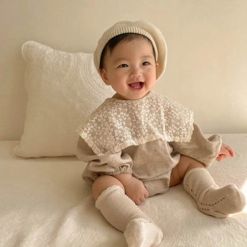Girls' elegant lace large lapel cotton jumpsuits girls' long-sleeve romper
