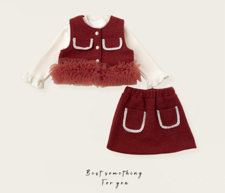 Girl clothing set sweet velvet vest and skirt three-piece baby suit