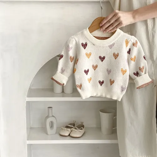 Girls' cotton sweater heart knitted top infant versatile leisure pullover