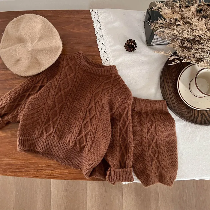 Knitted long-sleeved sweater solid color baby suit two-piece set