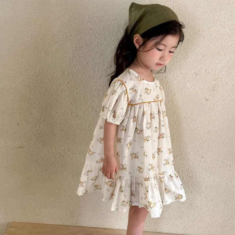Girls dress cotton floral kids' skirt short sleeve princess dress