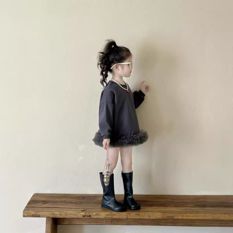 Girls' mesh sweater dress round neck long sleeve short dress